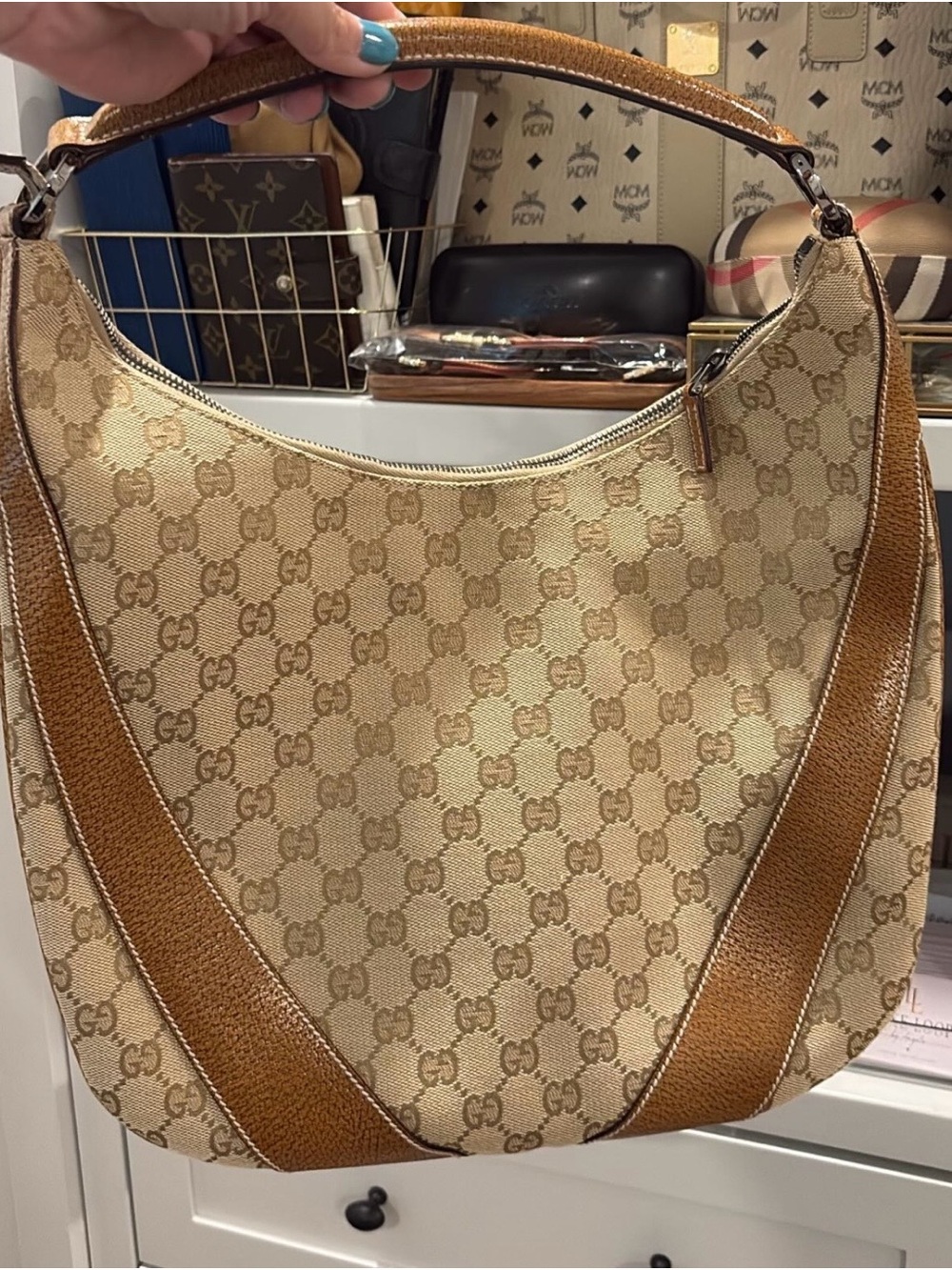 Gucci Beige GG Canvas Shoulder Bag with Tan Leather Trim